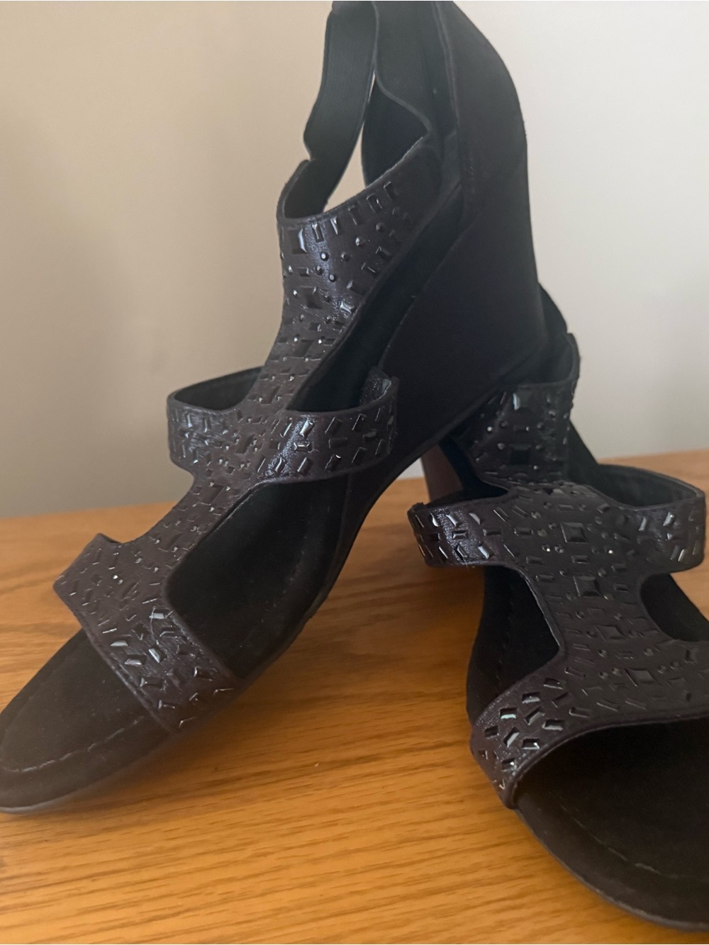 New York Transit Black Laser-Cut Wedge Sandals